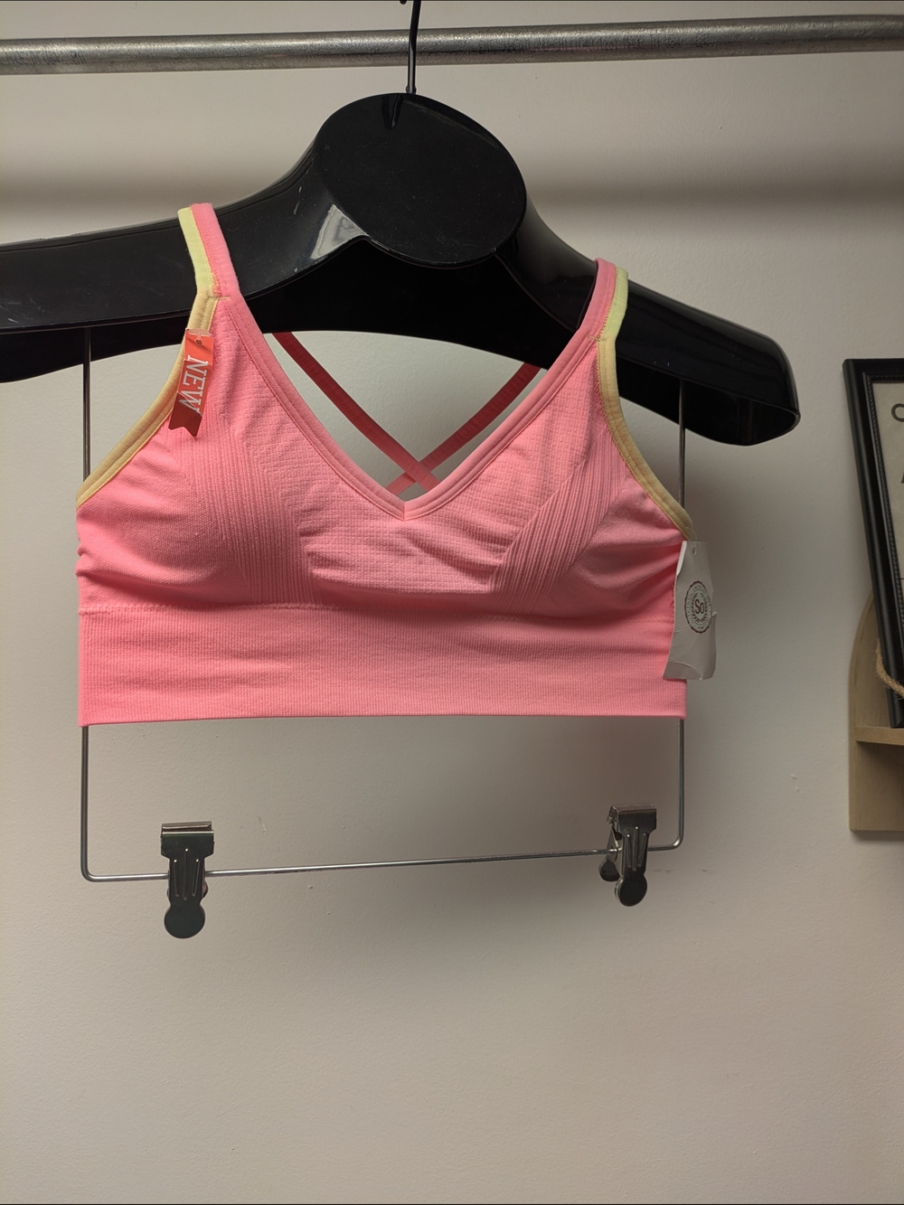SO Junior Medium Bright Coral Yellow Strappy V Neck Removable Padded Bralette
